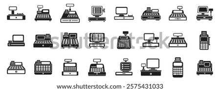 Cashier machine icons set. Collection of cash register icons showcasing various pos systems for efficient retail transactions