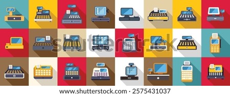 Cashier machine icons set. Colorful cash register icons representing various point of sale - pos - systems for retail businesses