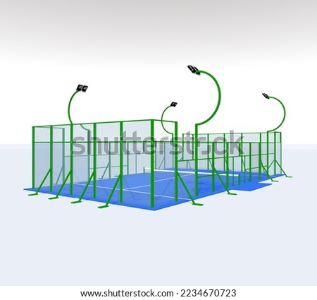 green metal Padel court construction design blue burgundy 3D illustration curve lamp post half circle metal perspective Imagine de stoc © 