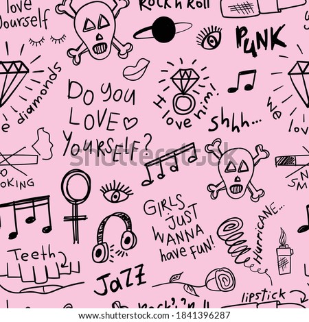 Cool girls doodle drawing elements on pink, seamless repeating pattern texture background design for textile graphics, fashion fabrics and prints