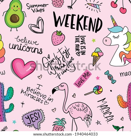 Girls fun concept with unicorn, flamingo, cactus, avocado, ice cream drawings seamless pattern repeating texture background print design for fabrics, wallpapers etc