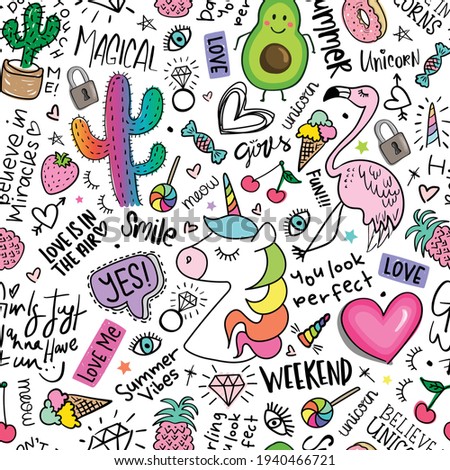 Fun doodle with unicorn, flamingo, cactus, pineapple, ice cream, candy drawings and hand letterings seamless pattern repeating texture background print design for fabrics, wallpapers etc