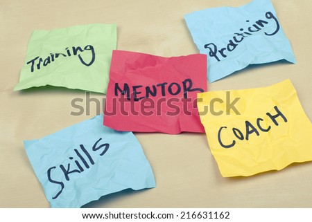 Adhesive Notes with Mentor, Skills, Training, Coach and Practicing Words