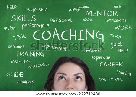 Coaching Word Cloud Background Concept with Woman