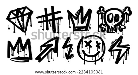 Set of black graffiti spray elements. Collection of skull, diamond, crown, emoji, arrows. Airbrush urban style drawing graphics on white isolated background for fashion graphics, t shirt prints.