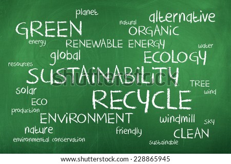 Recycle Sustainability Ecology Word Cloud / Renewable Alternative Green Energy Background