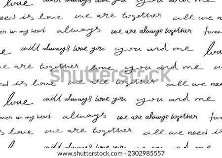Romantic love letters. Romance lettering typography words. Seamless pattern repeating texture background design. Vector illustration.