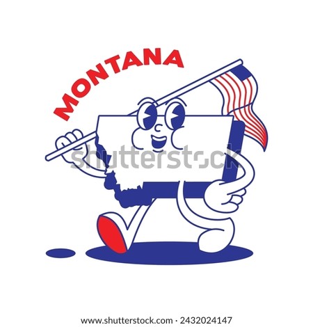 Montana State retro mascot with hand and foot clip art. USA Map Retro cartoon stickers with funny comic characters and gloved hands. Vector template for website, design, cover, infographics.
