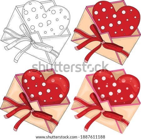 Colorful cartoon red heart in envelope with a bow for Valentine's day sketch template set. Bright vector illustration for games, background, pattern, decor. Coloring paper, page, story book, print