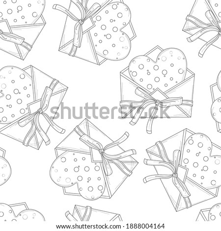 Cartoon heart in envelope with a bow for Valentine's day seamless pattern sketch template. Vector illustration in black and white for games, background, pattern, decor. Coloring paper, page, book