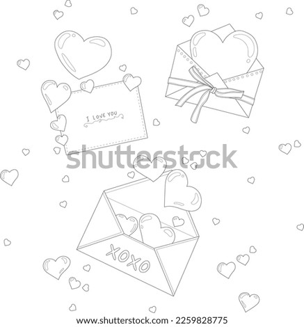 Cartoon hearts in envelope set with a bow for Valentine's day sketch template. Vector illustration in black and white for games, background, pattern, decor. Coloring paper, page, story book, print