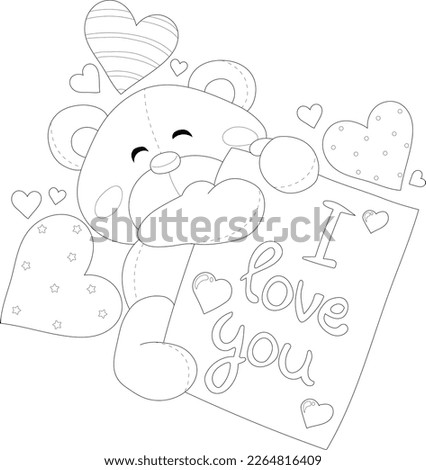 Cute cartoon teddy bear with hearts and note sketch template. Valentines day graphic vector illustration in black and white for games, background, pattern, decor. Cildrens story book, coloring paper
