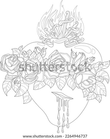 Heart with reses and flames graphic sketch template. Cartoon religion vector illustration in black and white for game, background, pattern, decor. Childrens story book, fairytail, coloring paper, page