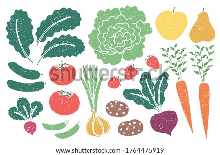 Grunge farm produce set with grainy texture. Kale, lettuce, onion, cucumber, tomato, radish, snap pea, apple, pear, carrot, strawberry, beet root, potato.