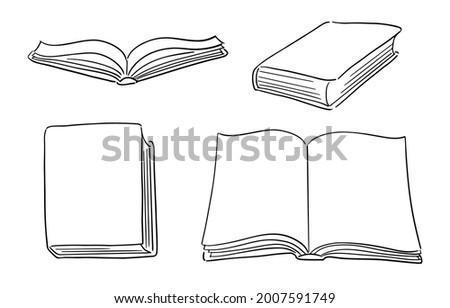 Set of hand-drawn hardcover books: open book with pages, closed book