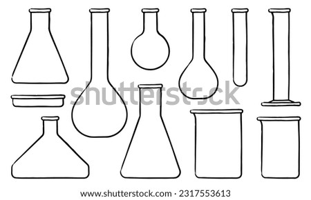 Set of laboratory glassware: volumetric flask, Erlenmeyer flask, round-bottom flask, Fernbach flask, Petri dish, test tube, graduated cylinder, and beaker