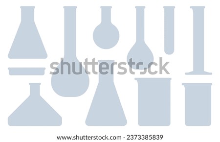 Set of laboratory glassware silhouettes: volumetric flask, Erlenmeyer flask, round-bottom flask, Fernbach flask, Petri dish, test tube, graduated cylinder, and beaker