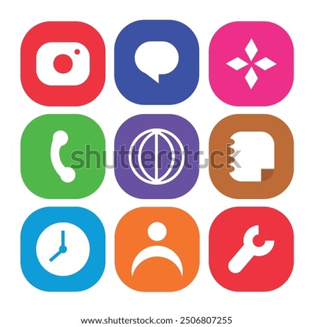 The image showcases a collection of twelve vibrant icons, each representing different social media or communication platforms. The icons are arranged in a neat grid pattern with four rows