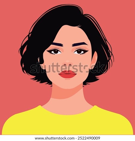 Minimalist vector portrait of a young woman with short black bob haircut. She wears a Yellow t-shirt against a light Red background