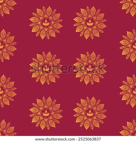 This seamless Diwali pattern features golden diya motifs with intricate floral designs on a vibrant red background. Perfect for festive projects, gift wraps, or decorations, adding warmth and elegance