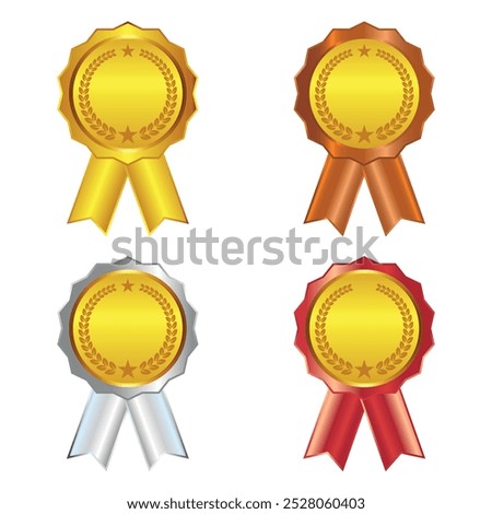 A set of four colorful ribbon badges featuring gold, bronze, silver, and ruby colors. Each badge has a round design with laurel wreaths and stars, perfect for representing awards and achievements.