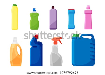 Set of detergent bottles or containers, cleaning supplies, washing powder icon. Vector illustration isolated on white background.