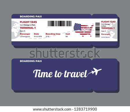 Modern design of USA airline travel boarding pass. Two tickets template with map of USA painted in flag color, front and back side. Vector illustration isolated on green background.