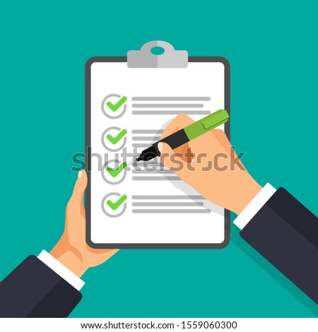 Vector hand with pen writing on a check list. Businessman signs document. The hand holds a pen and clipboard in a 3d style. To do list concept. Business financial agreement.