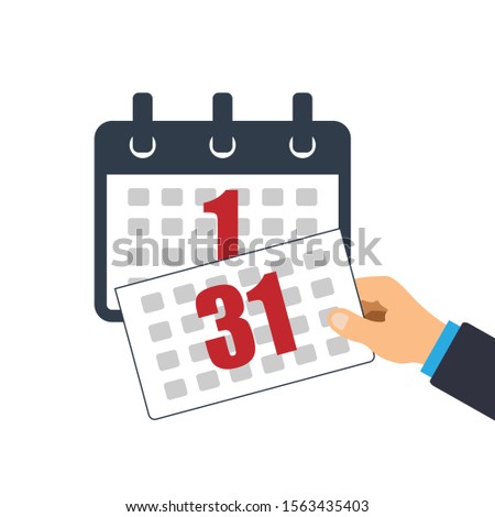 Hand tears the calendar page. Tear off calendar sheet. Off date and deadline concept. The last sheet of the calendar. New month and year. Vector illustration.	