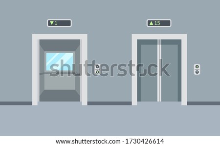 Indoor and outdoor empty elevators in the building. Elevator doors, open and closed. Vector illustration in a trendy flat style.