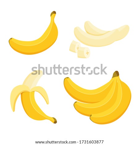 Cartoon half peeled banana and bunch of bananas. Tropical fruits, banana snack or vegetarian nutrition. Vegan food vector icons in a trendy cartoon style. Healthy food concept.
