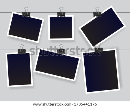 Blank instant photo frame set hanging on a clip. Black empty vintage photoframe templates. Vector illustration isolated on grey background. Сток-фото © 
