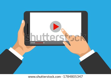 Hand holds phone or digital tablet with video player on a display. Finger click to the play icon. Movie concept. Vector illustration.