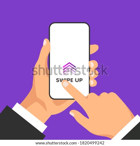 Hand holds phone with quick access button for social media on a screen. Scroll arrows and web icons for advertising and marketing in different apps. Man swipes up on the smartphone display.