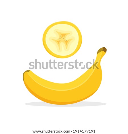 Vector cut or slice of banana isolated on white background with shadow. Tropical fruits, banana snack or vegetarian nutrition. Vegan food vector icons in a trendy cartoon style. Healthy food concept.