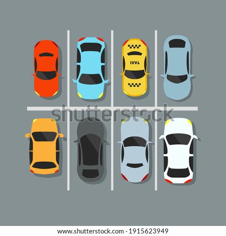 City car park with a set of different cars. Lack of parking spaces. Urban transport. Vector illustration.