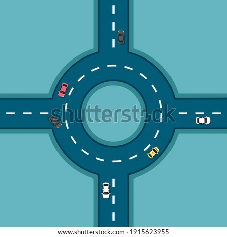 Top view road with different cars. Roundabout. Crossroads. Autobahn and highway junction. City infrastructure with transportation elements. Vector illustration in a flat modern style.