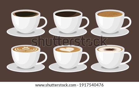 Hot coffee menu in white cups. Front view. Latte, cappuccino, americano, espresso, mocha, cocoa. Vector illustration.