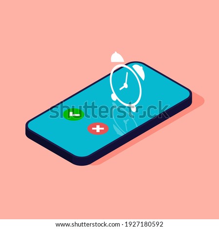 Phone with app alarm clock on the screen. Vibrating isometric smartphone isolated on pink background. Mobile technologies concept.