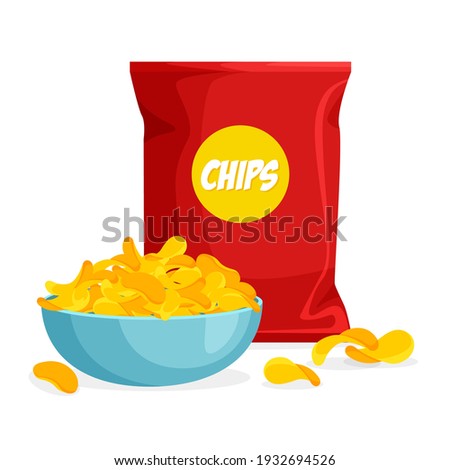 Package and plate of chips in trendy cartoon style. Pile of crisps in a bowl. Packaging template. Vector illustration isolated on white background.