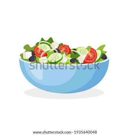 Greek salad on a plate. Set of fresh vegetables in a bowl. Vector illustration isolated on a white background.