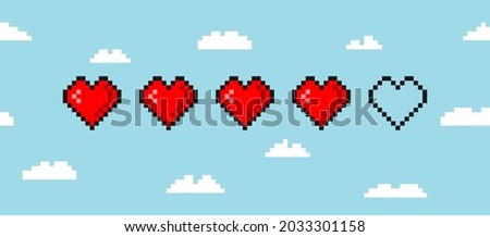 Pixel game life bar isolated on cloud background. Vector art 8 bit health heart bar. Gaming controller, symbols set.	