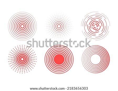 Identification process. Abstract background. Red rings sound wave and line with points in a circle. Sound wave wallpaper. Radio station signal. Circle spin vector set.