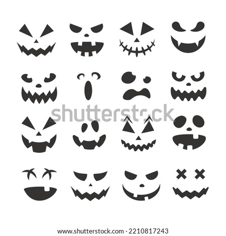 Scary and funny Halloween pumpkin faces and grimaces. Ghost silhouette. Vector illustration isolated.
