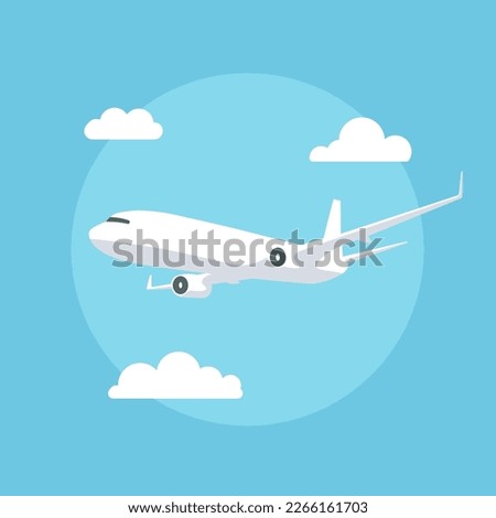 Flying plane in the cloudy sky. Airplane illustration in trendy flat style isolated on blue background. International transportation.