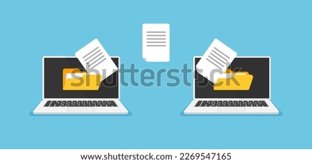 File transfer concept. Uploading documents to internet, copy to cloud storage or pc. Download process. Data exchange, backup. Vector illustration in trendy flat style.