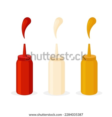 Ketchup, mustard, mayonnaise plastic bottle. Sauce icon set. Design element for your poster, restaurant, menu, brochure, flyer. Vector illustration in trendy flat style isolated on white background.