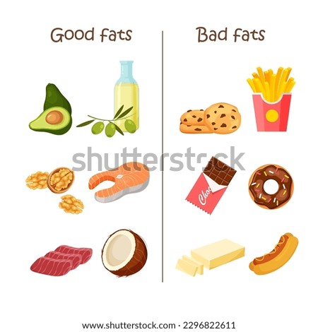 Good and bad fats. Choice between healthy and unhealthy food. Fastfood vs nutrient wholesome products. Nutrition poster. Vector illustration in trendy flat style isolated on white background.
