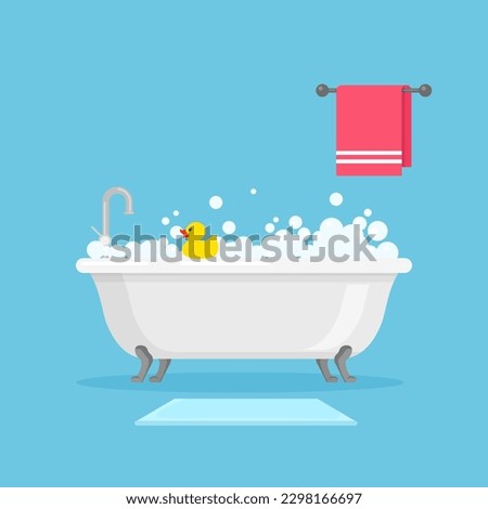 White ceramic bath full of foam with bubbles. Relax bathroom. Shower taps, yellow rubber duck, towel and foot mat. Vector illustration in trendy flat style isolated on blue background.