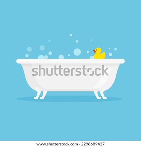White ceramic bath with foam bubbles and yellow rubber duck. Vector illustration in trendy flat style isolated on blue background.
